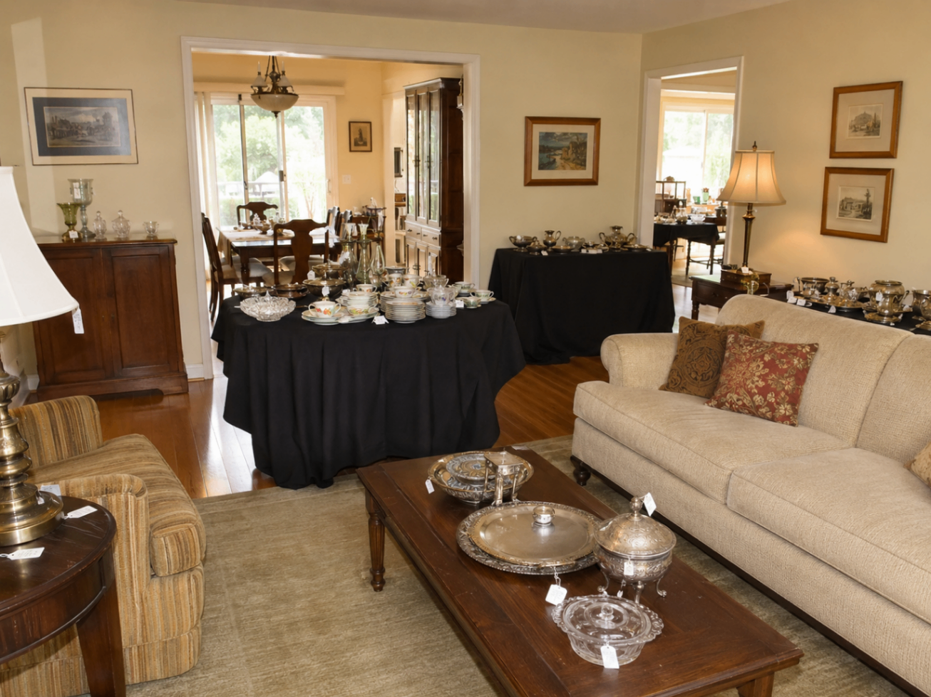 Sherman Oaks estate sale setup with vintage furniture, estate silver, and decorative objects — Triumphant Estate Sales