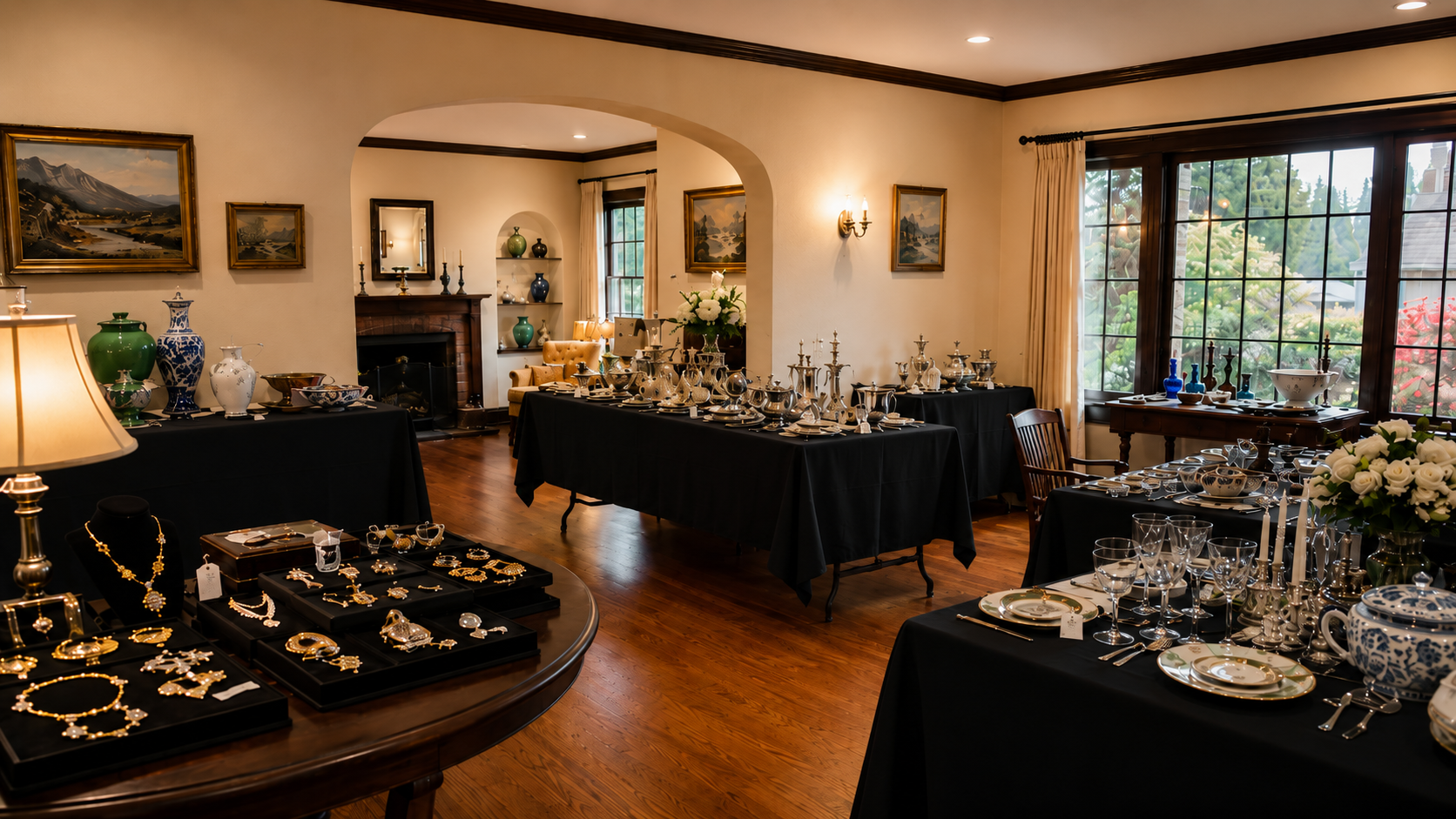 After: Same Pasadena home professionally staged as a Triumphant Estate Sale — jewelry display, silver, china, and art beautifully presented