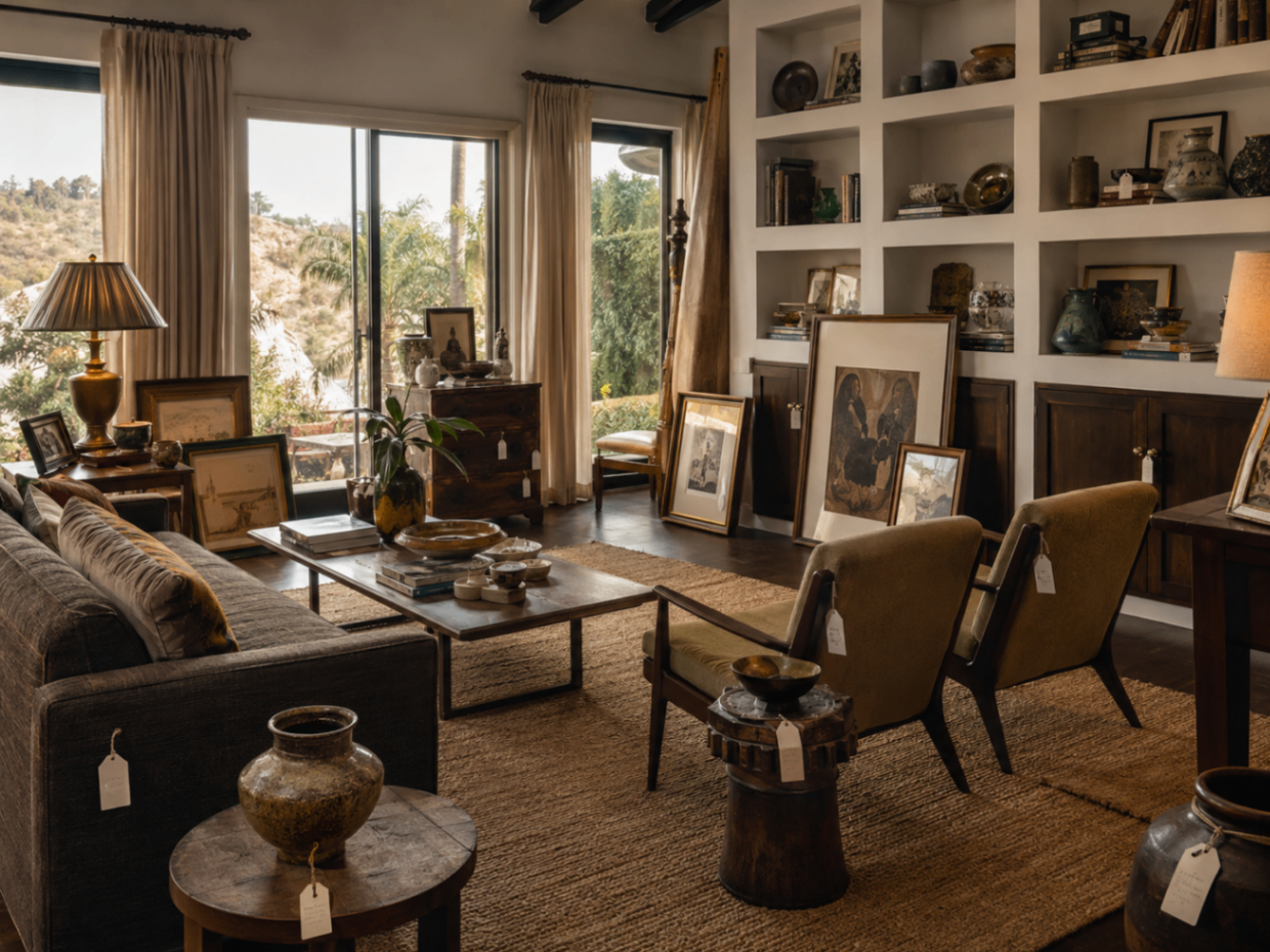 Hollywood Hills home interior staged for estate sale with vintage furniture and curated collectibles — Triumphant Estate Sales