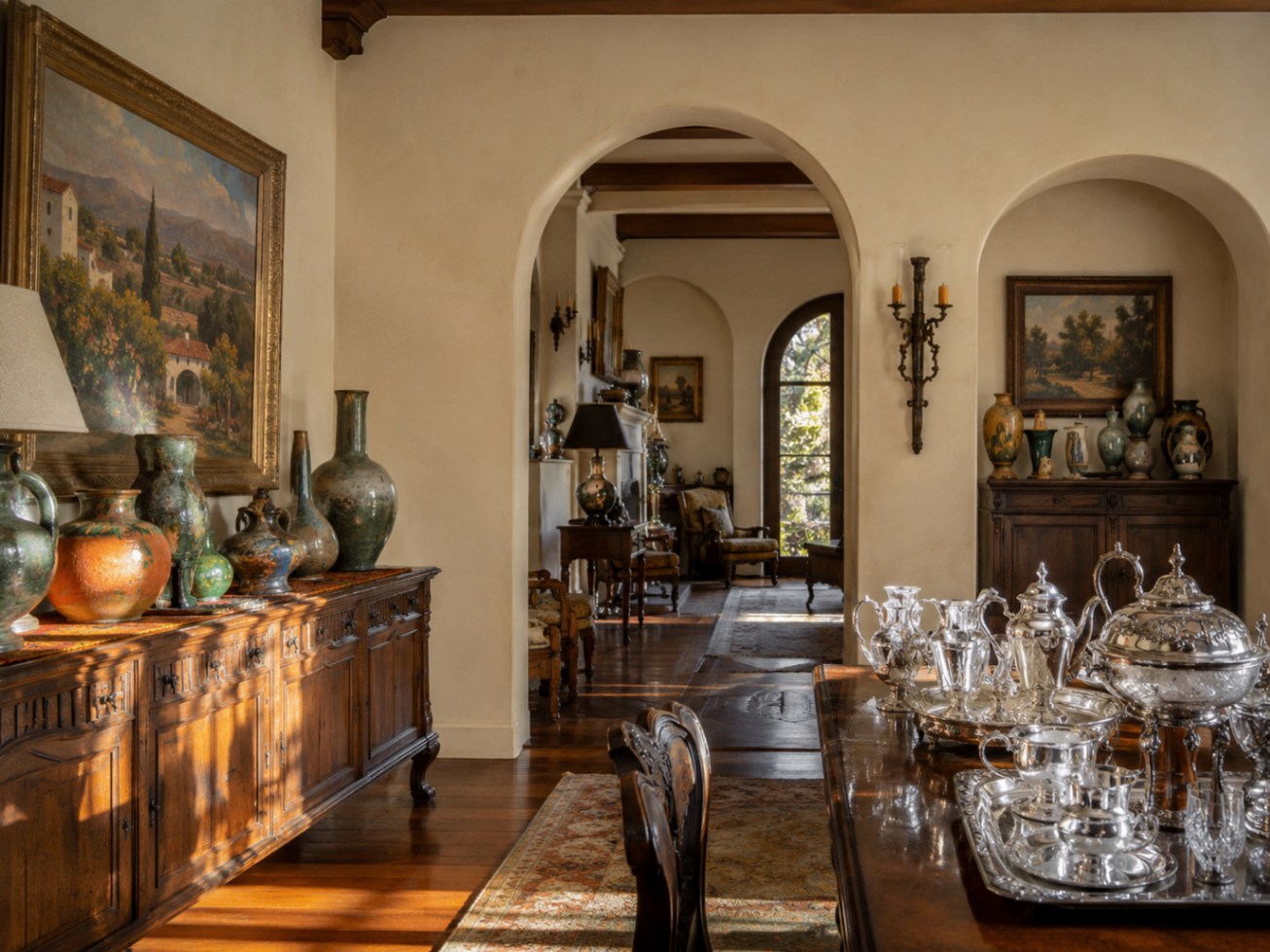 Pasadena estate sale setup with antique furniture, art pottery, and estate silver — Triumphant Estate Sales Los Angeles