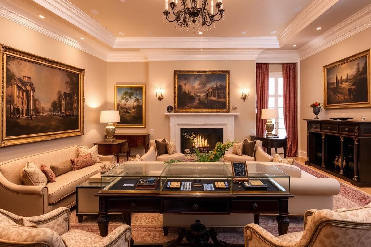 Bel Air estate sale with fine art, antique furniture, and estate jewelry displayed in cases — Triumphant Estate Sales Los Angeles